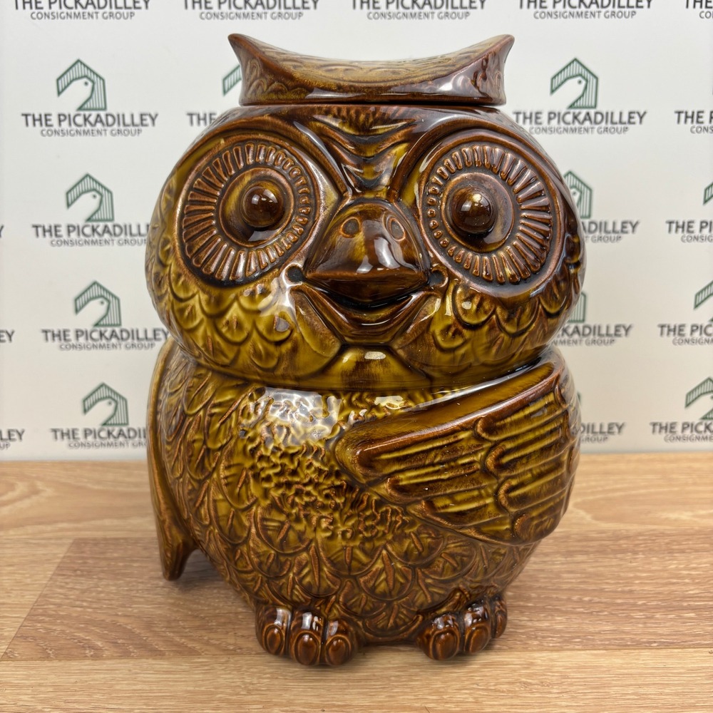 Vintage Brown Drip Glaze Ceramic Owl Cookie Jar Retro Kitchen Decor 10.5 Inch